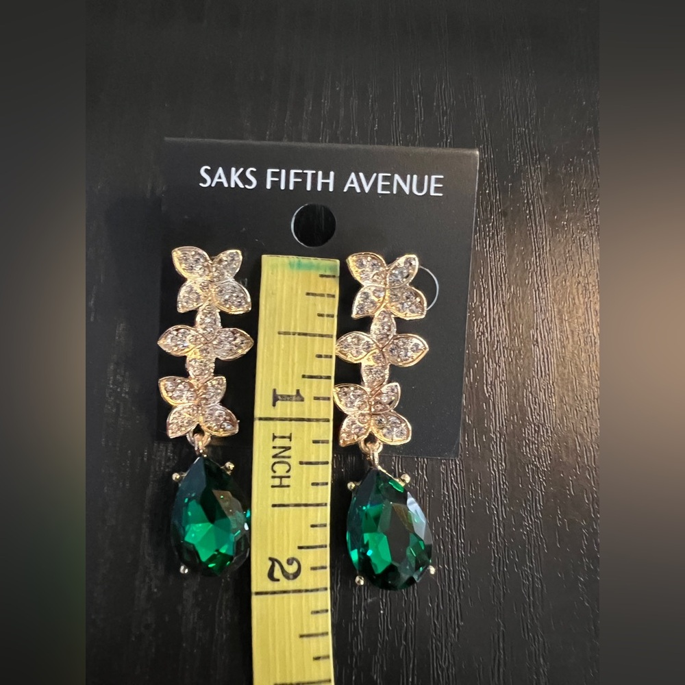Saks Fifth Avenue Gold/Emerald Flower Drop Earrings - Picture 2 of 5
